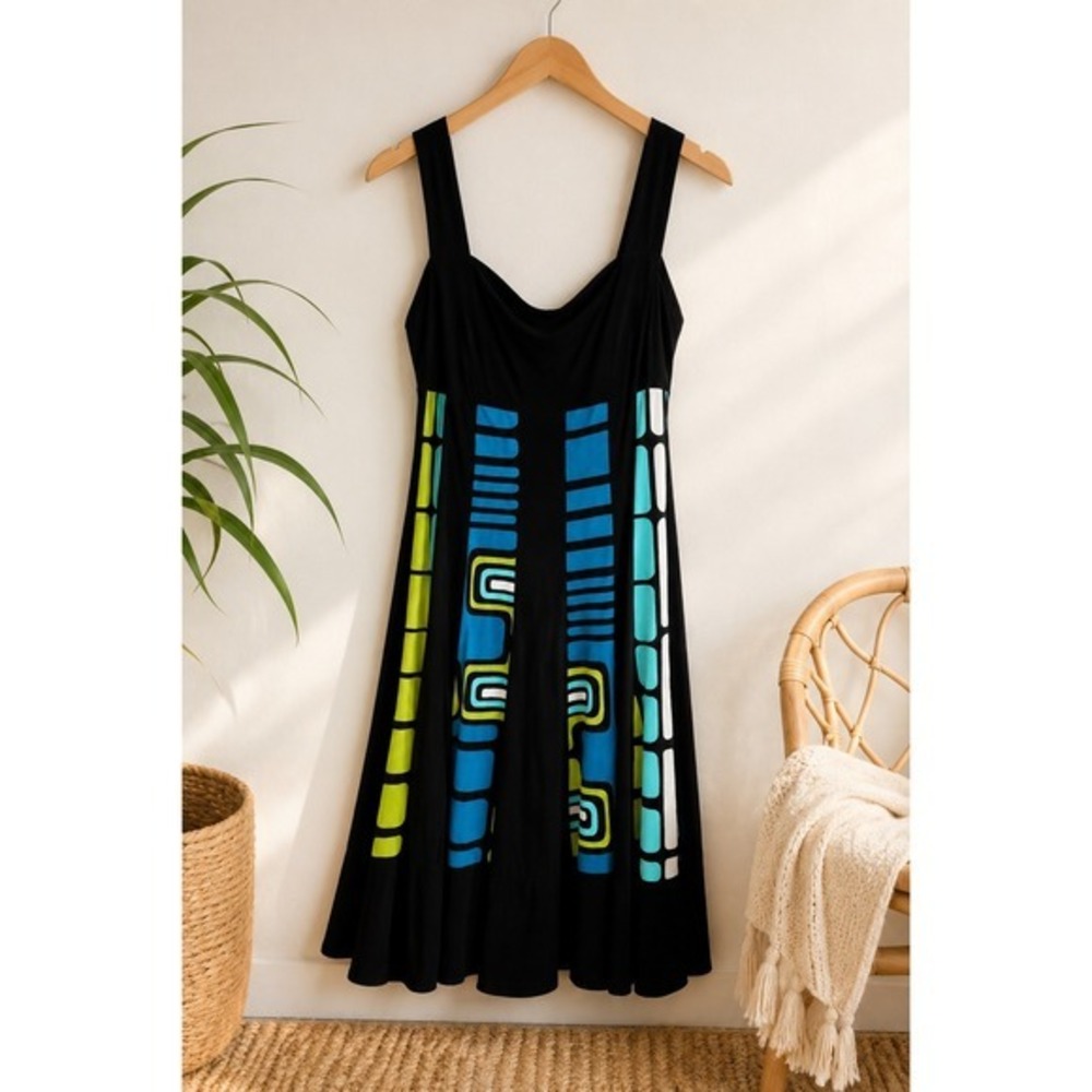 Retro Mod Geometric Print Sleeveless Fit & Flare Dress Black Blue Green M Y2K